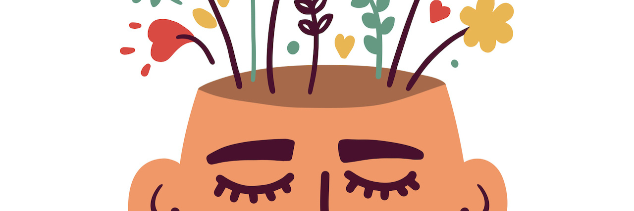 Stop Saying People Are 'Mentally Ill' in Online Debates illustration of a head with flowers coming out