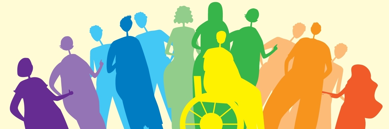 Silhouettes of diverse people including a wheelchair user.