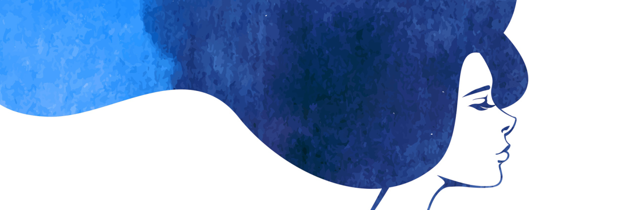 You Don't Need to Minimize Your Pain Because 'Others Have It Worse' watercolor, outline of a woman's face with long blue hair flowing out