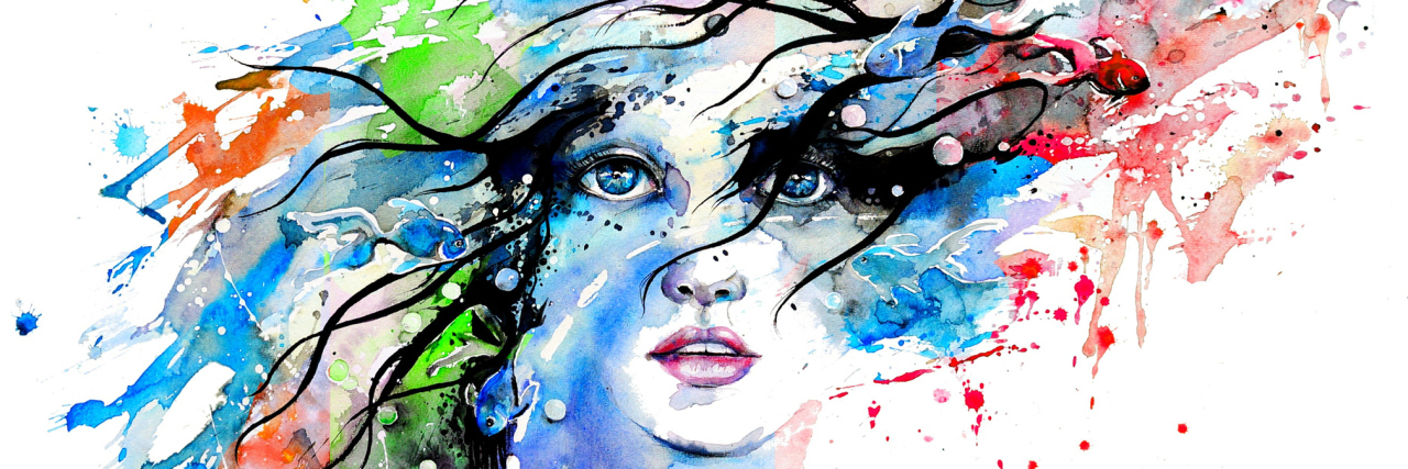 My Borderline Personality Disorder Feels Like a Life Sentence Watercolor of a woman's face with eyes open, rainbow colored lines flowing from it