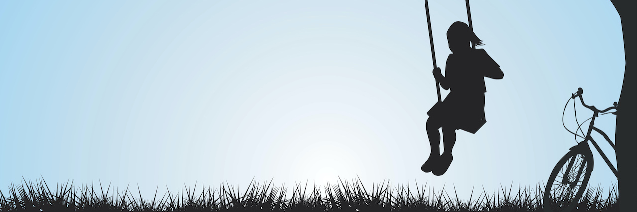 How Therapy Is Helping Me Reframing My Childhood Sexual Abuse Silhouette of child on a swing on a tree, with birds flying above and bike nearby