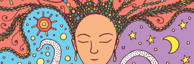 Illustration of boho woman with succulent floral hair on sun and moon background.