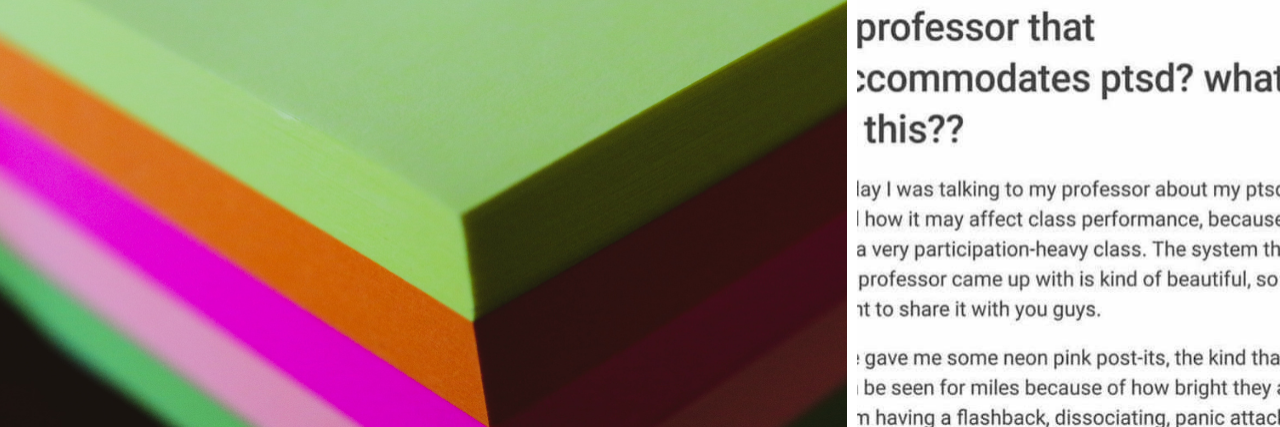 Professor Creates Post-It Note Accommodation for Student With PTSD Post-it notes next to a note that reads a professor that accommodates ptsd_ what is this_