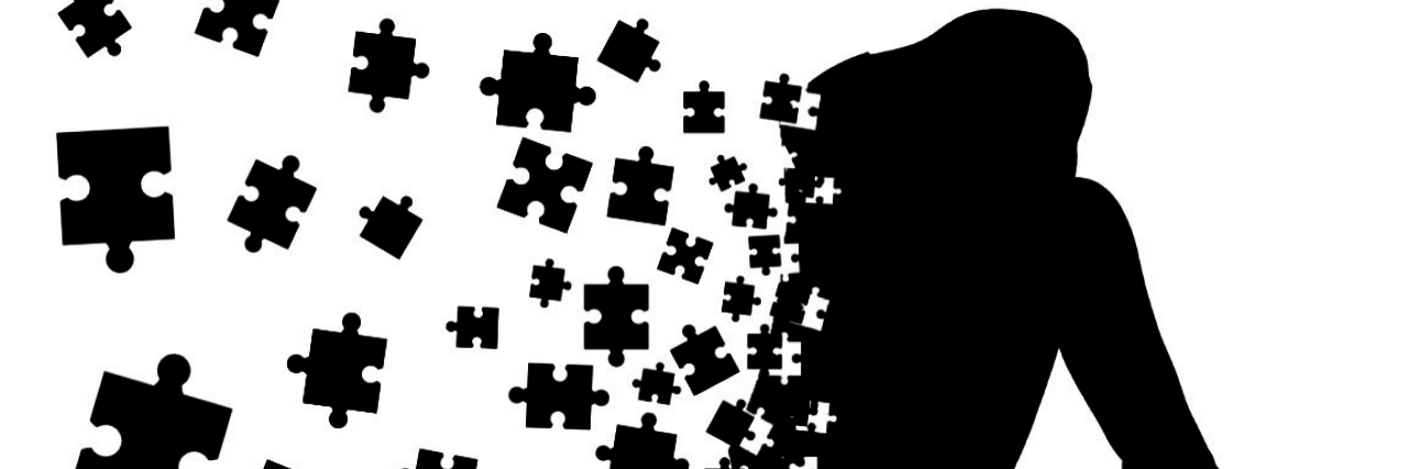 Black and white illustration of a person sitting on the ground, with puzzle pieces of them falling off of their back