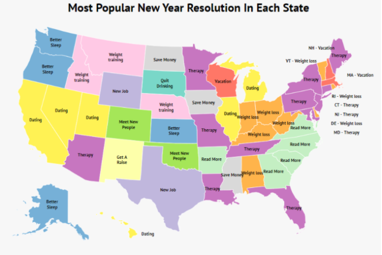 Map of the United States showing the most popular New Year's resolutions (click the map for full details)