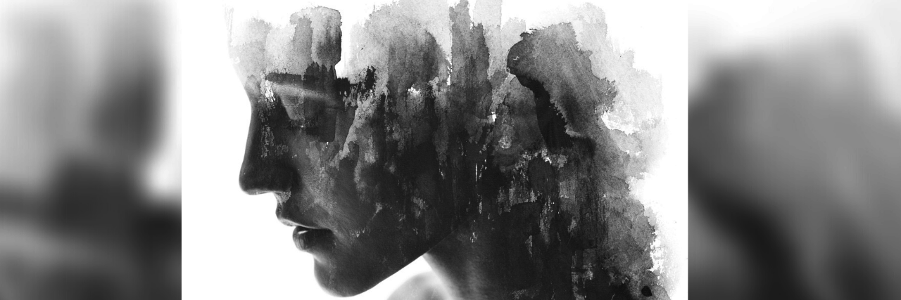 Depression Feels Like a Nagging Monster black and white photo of a woman with illustrated fog or clouds masking her head