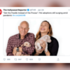 A tweet from the Hollywood Reporter showing two people holding puppies and laughing. It reads: "Get the Poodle Instead of the Prozac": Pet adoptions still surging amid pandemic
