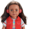 Walmart's new autism advocate dolls, a Black girl with long brown hair and red headphones on the right, and a white girl with long blonde hair wearing red headphones on the right