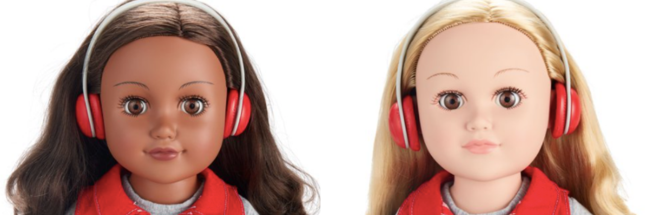 Walmart's new autism advocate dolls, a Black girl with long brown hair and red headphones on the right, and a white girl with long blonde hair wearing red headphones on the right