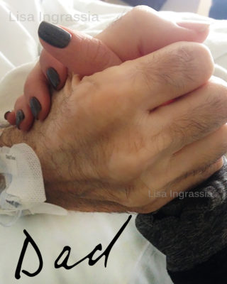 Author holding her father's hand -- a young white woman's hand squeezing her elderly, white father's hand