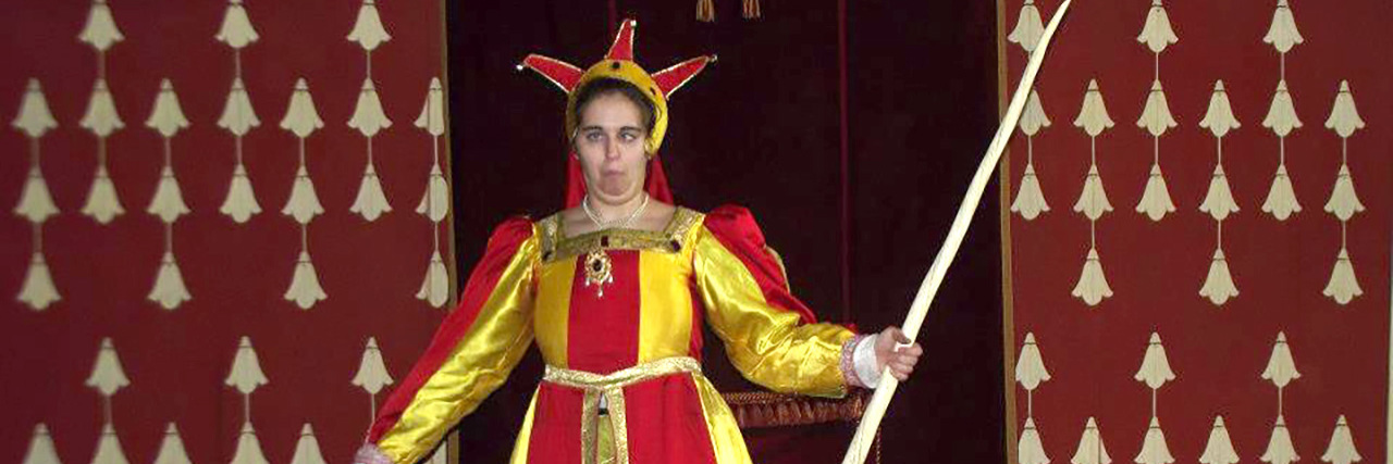 Learning to Laugh at My Dyspraxia and Clumsiness Rhian dressed as Senat the jester.