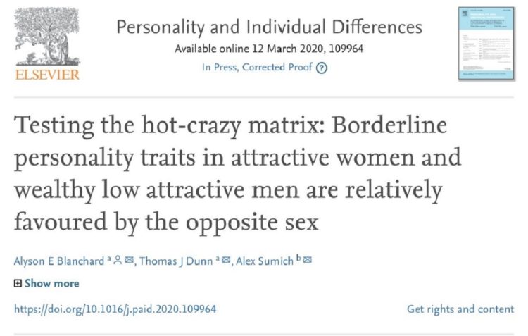 Photo of the original title for the article. It reads, "Testing the hot-crazy matrix: Borderline personaity traits in attractive women and wealthy low attractive men are relatively favoured by the opposite sex"