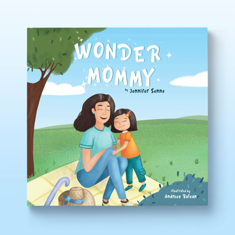 Cover of "Wonder Mommy" book with illustration of mother and daughter outside under a tree