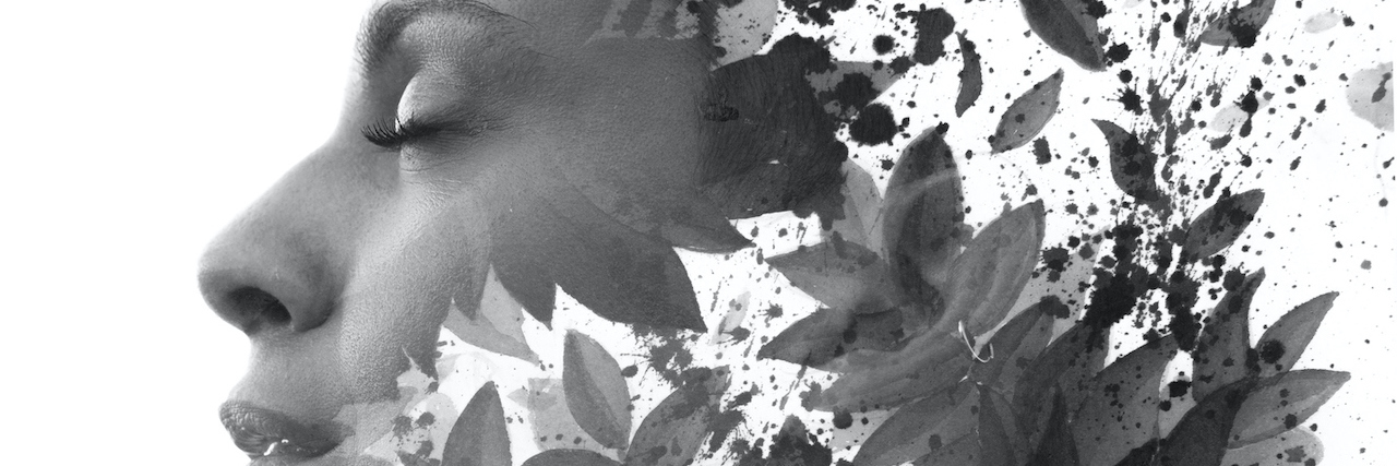 How Living With Chronic Pain Has Changed My Perspective on Life  Double Exposure portrait of woman's profile combined with hand drawn watercolor painting of leaves and ink splash, black and white