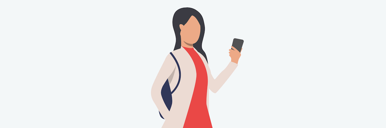 Illustration of woman wearing a backpack and looking at her phone