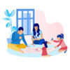Illustration of parents playing a game with children at home