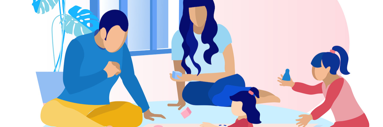 Reframing Family When You Survived Abuse Illustration of parents playing a game with children at home