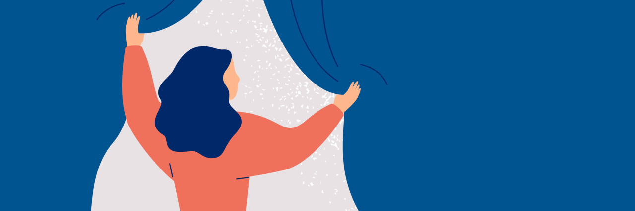 Getting Sober Showed Me the Truth Under My Judgments Vector of the back of a woman pulling back blue curtains