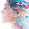 Paintography, double exposure profile of woman's face blended with bright colors
