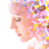 Paintography. Double exposure of woman's profile dissolving into colorful particles and shapes