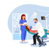 Dentist examines patient in dentist chair. Woman visits orthodontist at modern dental clinic. Vector flat illustration