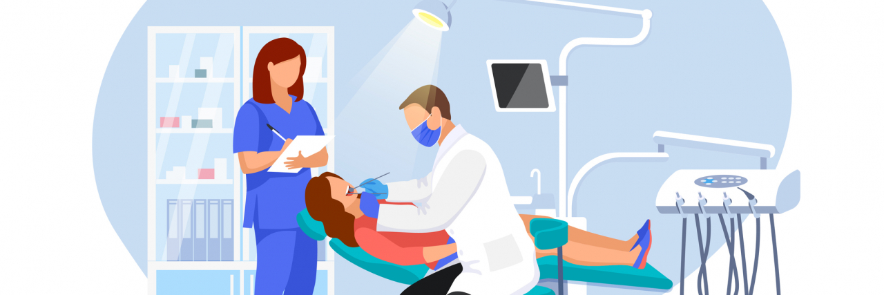 Dentist examines patient in dentist chair. Woman visits orthodontist at modern dental clinic. Vector flat illustration