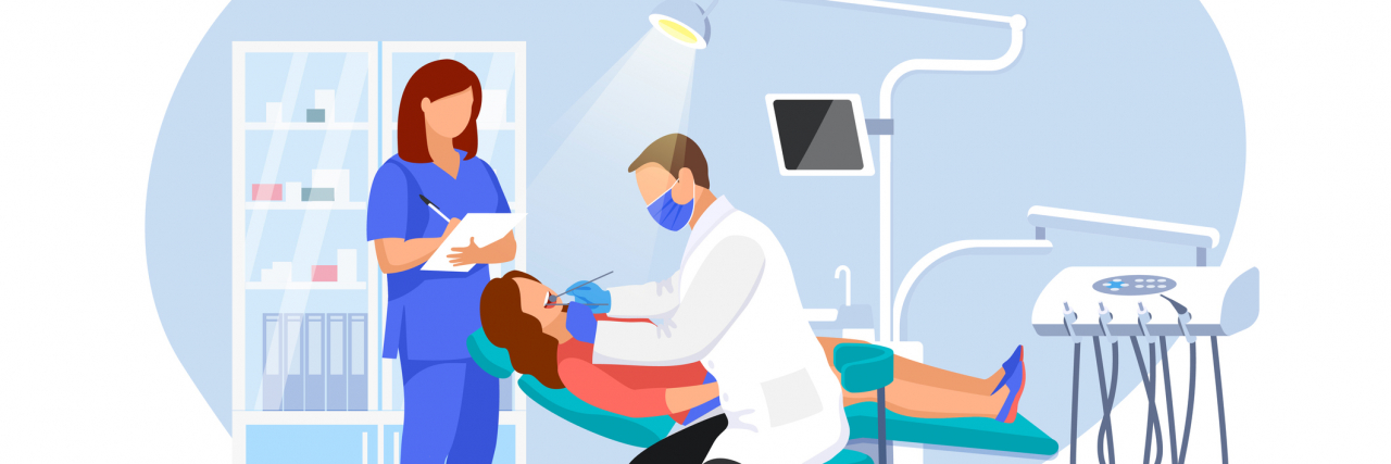 When You Have Dental Phobia, but Need Teeth Removed Dentist examines patient in dentist chair. Woman visits orthodontist at modern dental clinic. Vector flat illustration