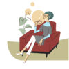 Illustration of a woman relaxing on a sofa and drinking coffee