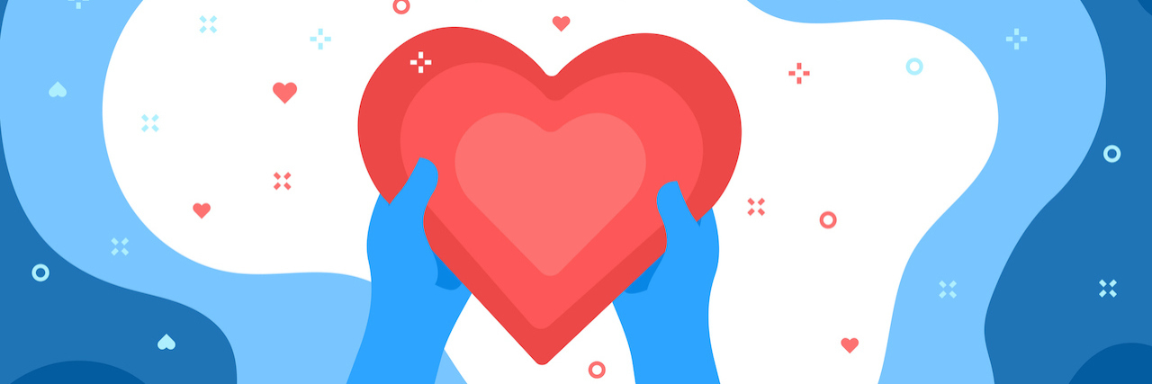 Understanding Complex Trauma to Help a Loved One Recovering From It Two blue hands holding a big red heart on a blue background.
