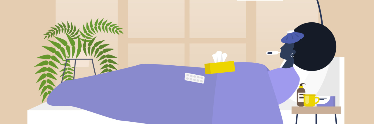 Illustration of a woman lying in bed covered by blankets with a tissue box and thermometer