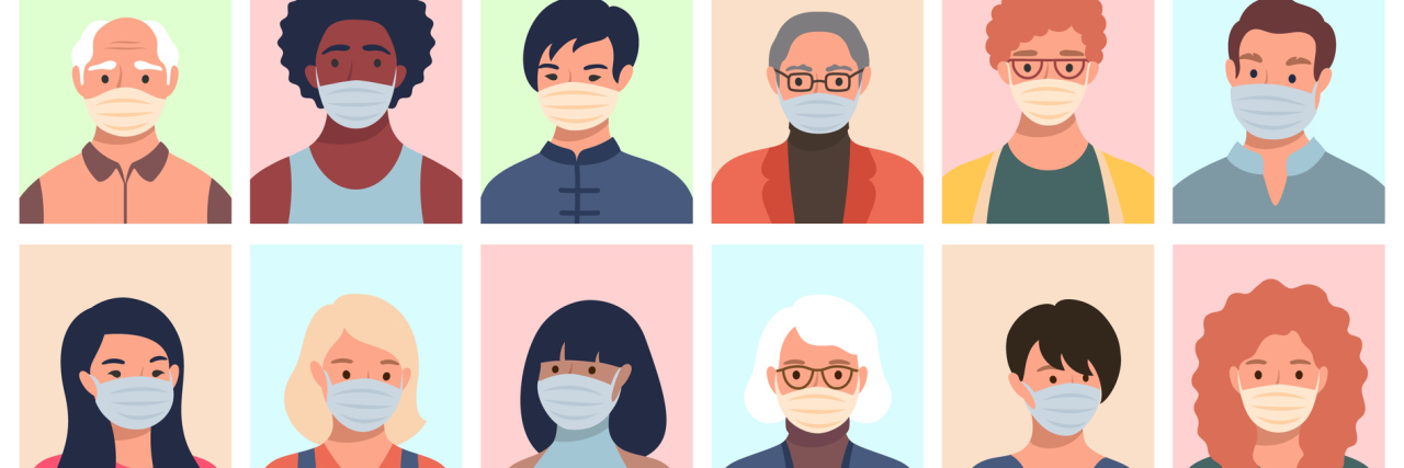 Avatars of people heads of different ethnicity and age in protective masks.