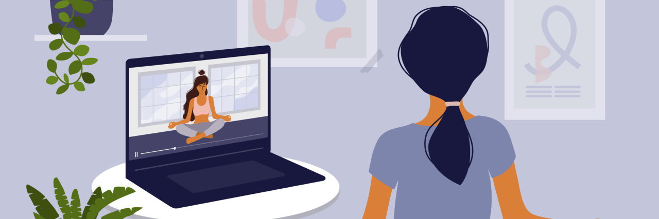 How Box Breathing Meditation Helps Me Find Peace Vector of a girl doing yoga on the ground with her computer on a stool playing a video on yoga