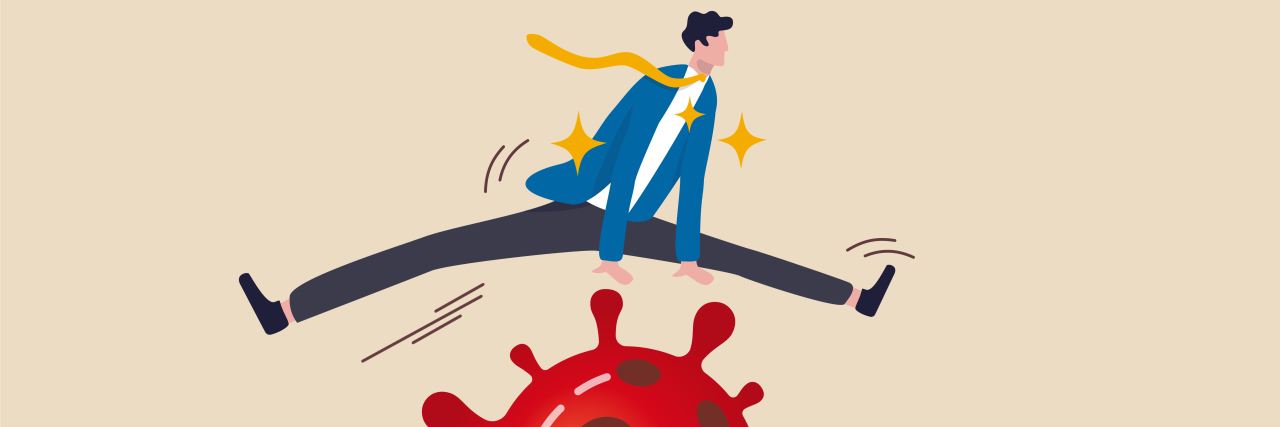 The Trouble With Toxic Pandemic Positivity Man jumping over coronavirus molecule.