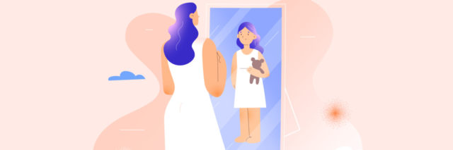 concept illustration of a woman looking into a mirror, showing her inner child as her reflection, holding a teddy bear and looking sad