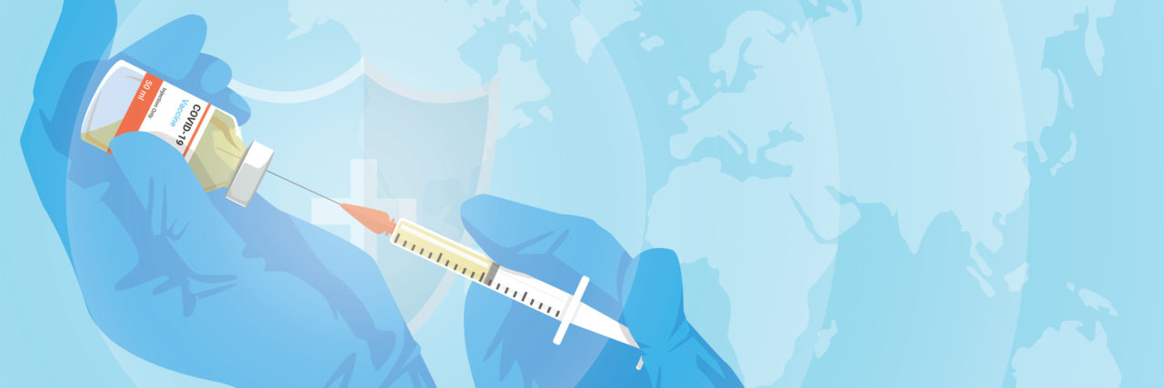 People Jumping the COVID-19 Vaccine Line Hurt the Process Illustration of doctor hands with medical gloves holding yellow vaccine bottle and syringe.