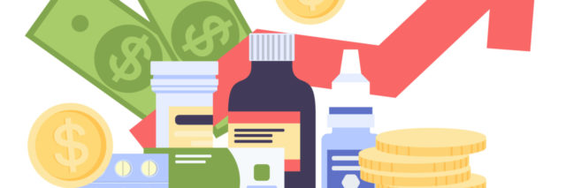 Graphic illustrations rising drug prices with dollar bills behind various pill bottles