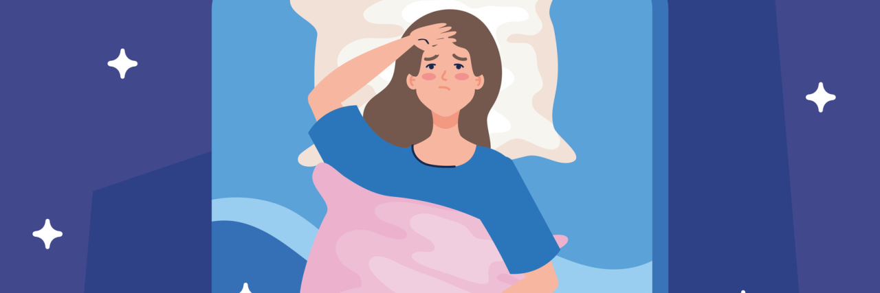 Experiencing Health Anxiety at Night During the COVID-19 Pandemic illustration from above a woman's bed while she lies awake, with illustrated stars around her and on the bed