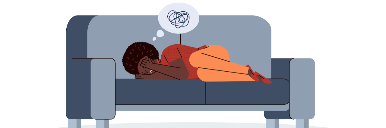 Going Through Grief Cycles With Rare Disease or Chronic Illness Illustration of woman of color laying on couch with her head in her hands