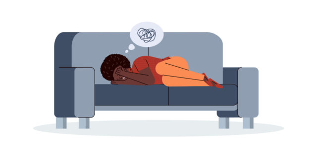 Illustration of woman of color laying on couch with her head in her hands