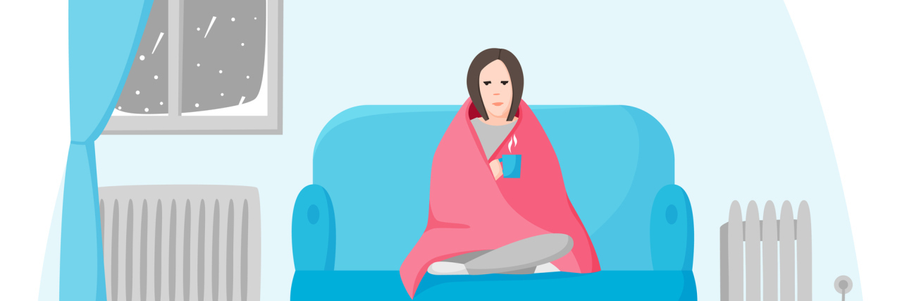 Vector of a white woman sitting on a couch with a blanket while it's snowing outside