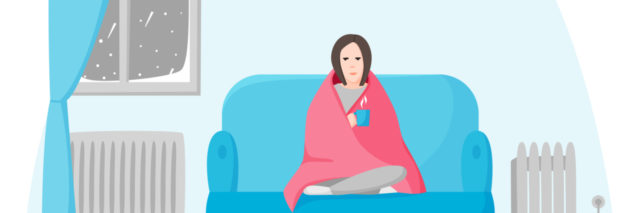 Vector of a white woman sitting on a couch with a blanket while it's snowing outside