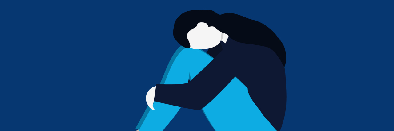 Vector image of a sad woman with a white face sitting, hugging her knees to her chest, blue background