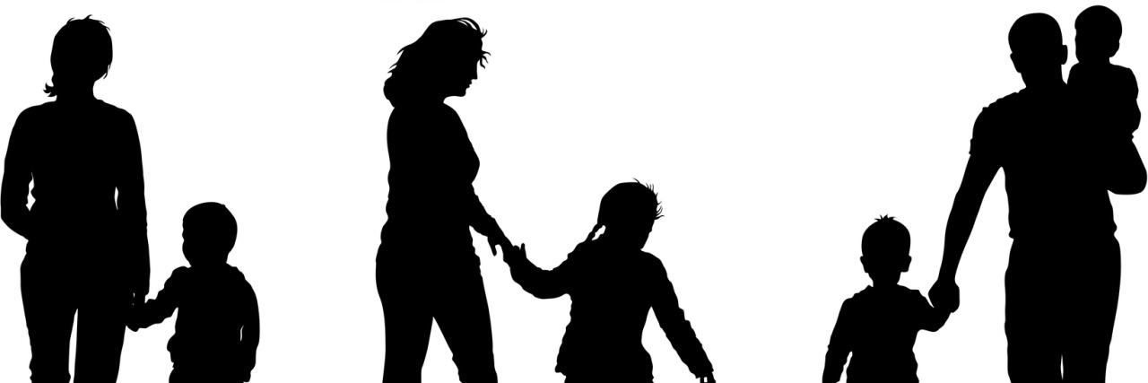 silhouettes of a family walking, 3 sets of parents/children
