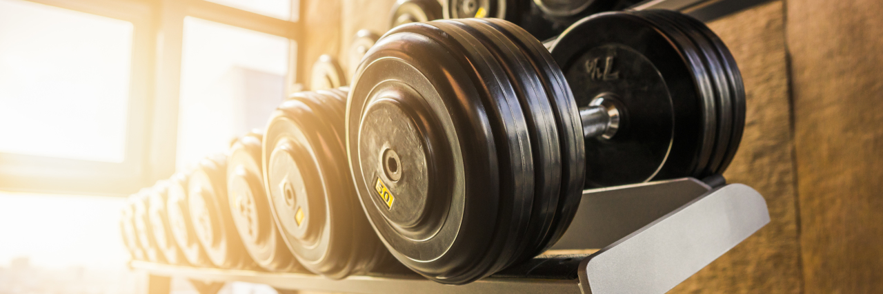 Dumbbells on a shelf.