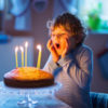 Child about to blow out five candles on his birthday cake