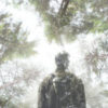 Double exposure of hiker walking in a mystic forest