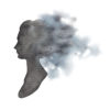 watercolor silhouette of a woman with the back of her head fading out with blues and grays