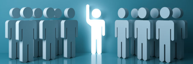 vector of stick people with one person glowing in the middle with its hand up