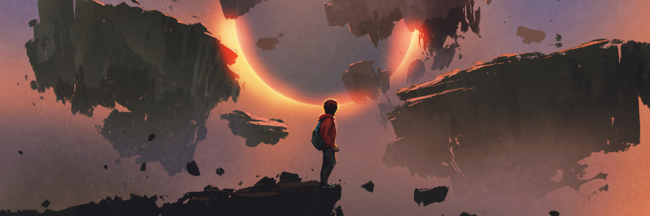 surreal illustration of boy standing on broken ground, looking at eclipse with floating rocks in the distance and around him