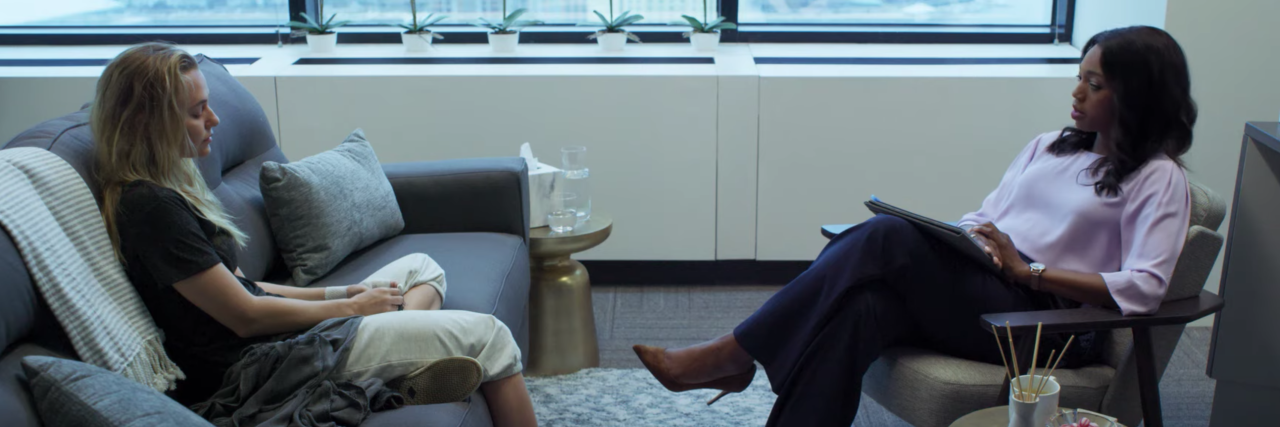 screenshot of characters from the movie Fear of Rain, showing the main character sitting across from her therapist